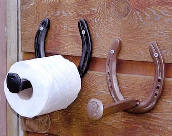 Rustic Toilet Paper Holder Wall Mounted - Great for Vintage Bathroom - Wall Mounted Horseshoe and Railroad Spike - The Heritage Forge