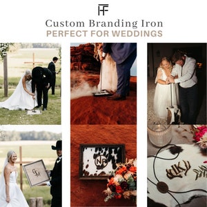 May include: A rustic wedding ceremony featuring a custom branding iron used to mark a piece of leather. The iron is heated and used to create a unique design on the leather. The couple are standing next to the iron, and the leather is on a table in front of them. The branding iron is a popular choice for rustic weddings, as it adds a personal touch to the ceremony.