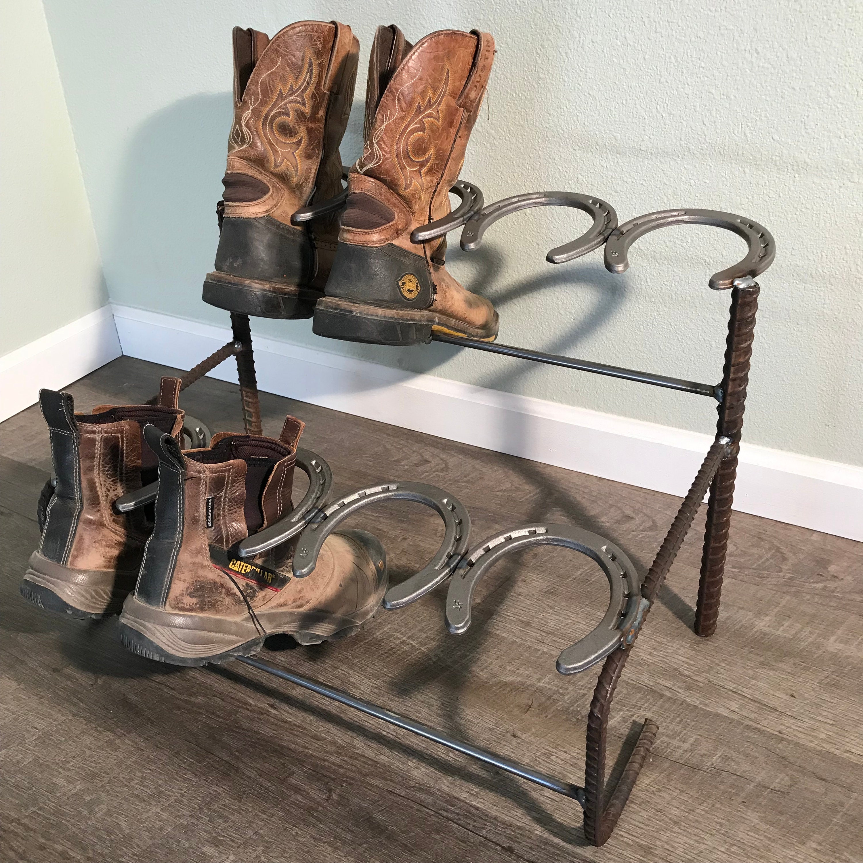 Rustic Horseshoe Boot Rack with Shoe Rack – The Heritage Forge