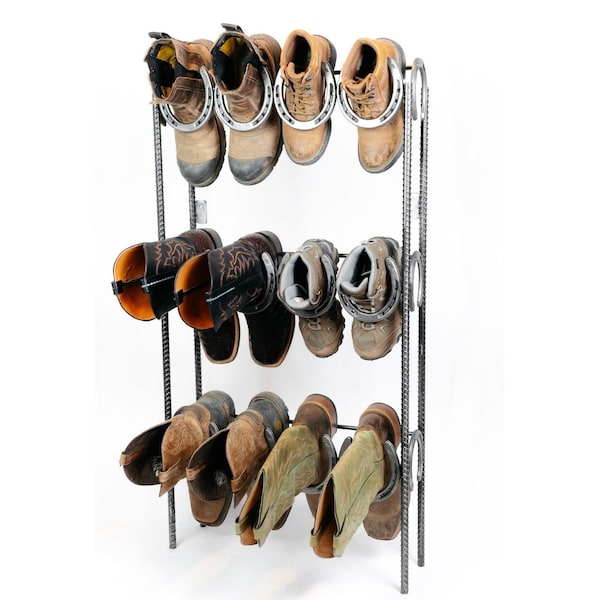 Rustic Standing Boot Rack Storage Made of Horseshoes Perfect for Organizing Boots, Entryways, and Storage - 6 Pairs - The Heritage Forge