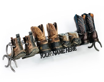 Rustic Custom Name Horseshoe Boot Rack -  1, 2, 3, or 4 Pairs - Handmade - The Heritage Forge