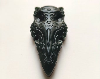 Natural Cyan Jade  carve ancient  Auspicious  Animal Line engraving  big amulet luckly pendant