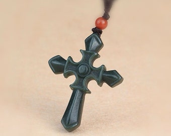 natural jade cross pendant,dark green   nephrite Crucifix Statement pendant, Religious Charm