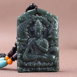 Natural  cyan jade guanyin buddha carved bodhisattvas square brand pendant