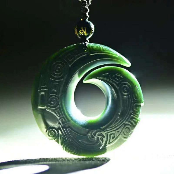 Natural carved  dark green  jade good luck pendant