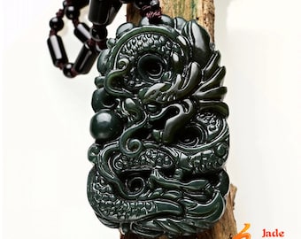 Natural drak Green jade hand-carved ancient Chinese dragon pendant