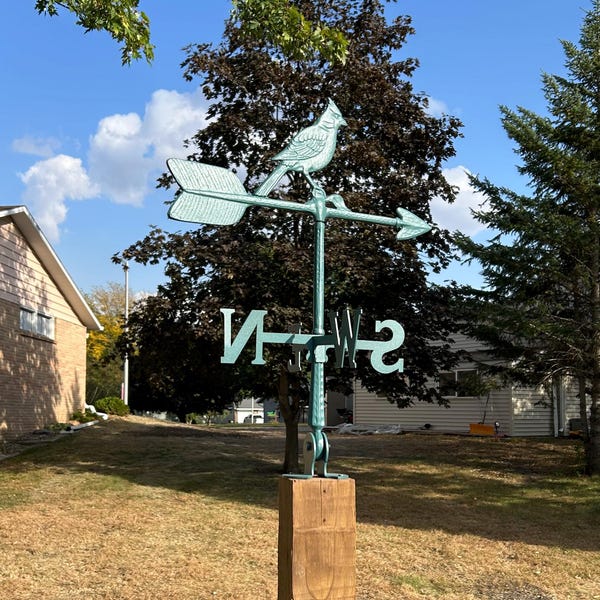 Cardinal Weathervane, Outdoor Wind Vane with Ornament, Roof Metal Decor with Mount, Hand Cast Rust Proof Aluminum, Perfect Anniversary Gift!
