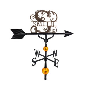 Hand Crafted Deluxe Cast Metal Custom Monogram Weathervane, Roof Mount Included, Outdoor Wind Vane with Ornament, Durable Metal Name Sign