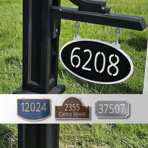 May include: Black and white oval address sign with the number 6208. Below are three additional address signs: a blue sign with 12024, a brown sign with 2355 Carlos Street, and a gray sign with 37507.
