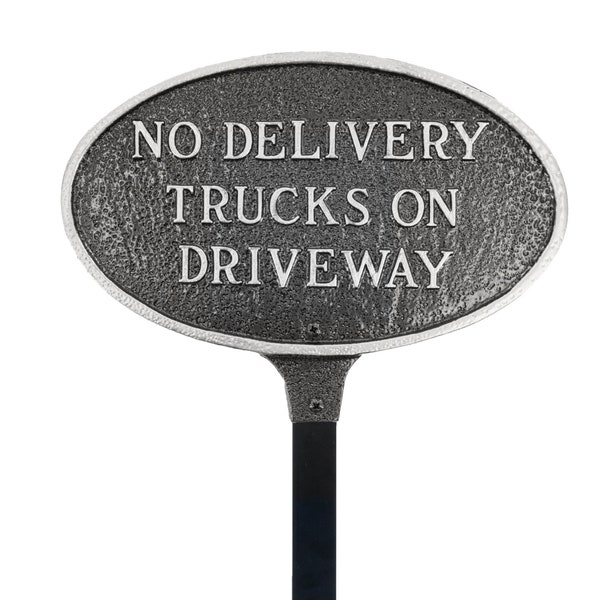 No Delivery Trucks on Driveway Oval WALL or LAWN Statement Plaque Sign, Business Traffic Sign, Powder Coated Aluminum, Easy to Install