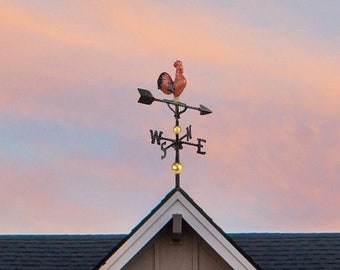 Hand Crafted Cast Metal Deluxe 3D Rooster Weathervane, Includes Roof Mount, Outdoor Wind Vane with Ornament, Roof Decor, Made In the USA