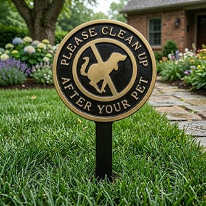 May include: A round, black and gold metal sign with the text "PLEASE CLEAN UP AFTER YOUR PET". The sign features a gold silhouette of a dog with a red slash through it. The sign is on a black stake, placed in a grassy yard.