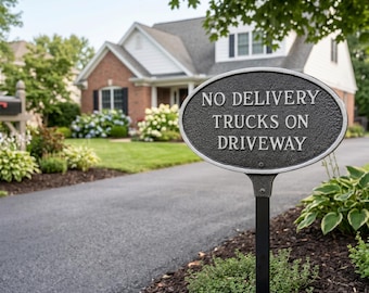 May include: An oval-shaped black metal sign with a textured surface and a silver border, mounted on a black post. The sign features raised silver lettering that reads: NO DELIVERY TRUCKS ON DRIVEWAY. The sign is positioned in a garden bed.