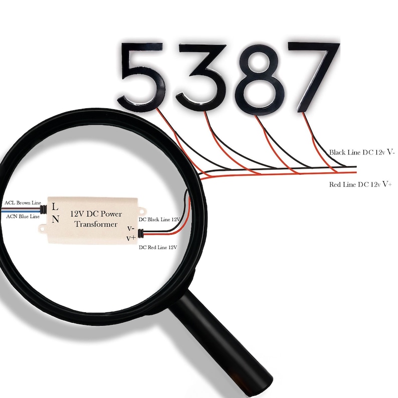May include: A close-up of a magnifying glass focused on a 12V DC power transformer with black and red wires connected to four black numbers, 5387. The wires are labeled "Black Line DC 12v V-" and "Red Line DC 12v V+".