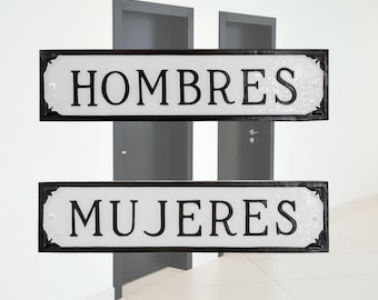 Cast Metal Mujeres or Hombres Rectangle Statement Plaque Sign, Restroom Sign, Bathroom Plaque for Business, Cast Aluminum, Easy to Install