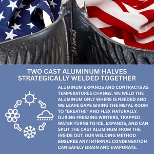 May include: A black cast aluminum object composed of two halves welded together, positioned in front of an American flag. Text explains the welding process, noting that aluminum expands and contracts, and gaps allow the metal to breathe.