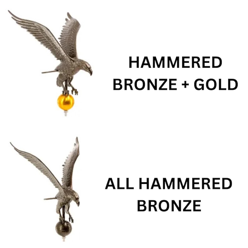 May include: Two eagle finials with wings spread. The top eagle is hammered bronze with a gold sphere base, labeled HAMMERED BRONZE + GOLD. The bottom eagle is entirely hammered bronze, labeled ALL HAMMERED BRONZE. Both feature detailed feathers.
