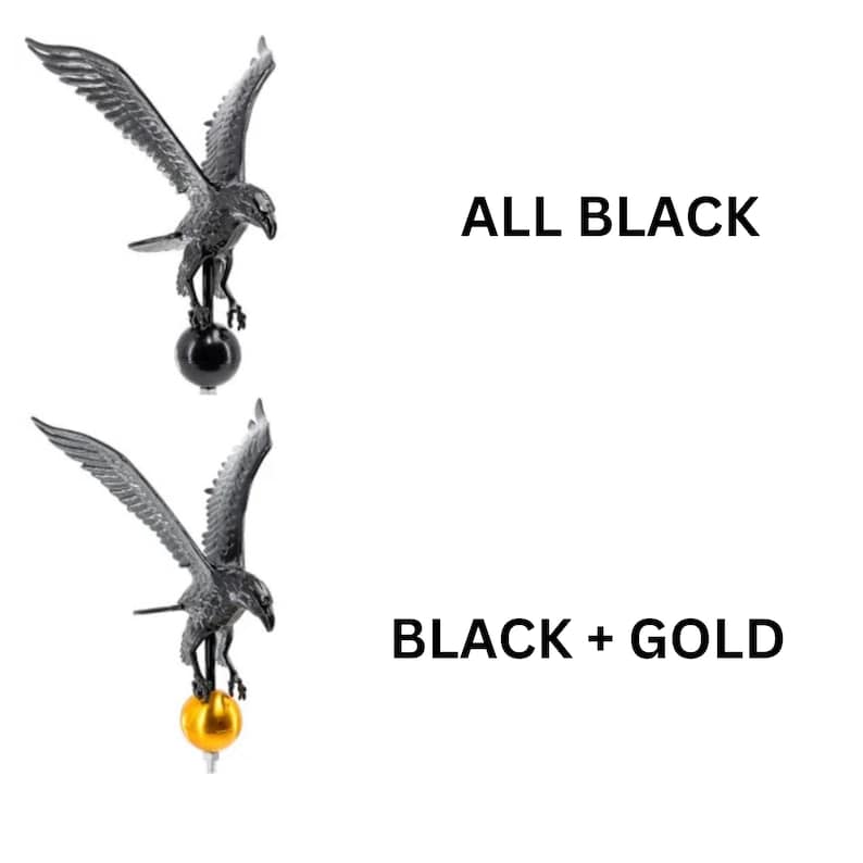 May include: Two eagle finials with wings spread wide. The top eagle is all black, perched on a black sphere. The bottom eagle is black, perched on a gold sphere. Text labels read ALL BLACK and BLACK + GOLD next to the respective eagle figures.