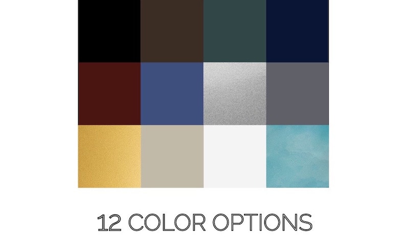 May include: A color palette with 12 different color options. The colors include black, brown, dark green, navy blue, burgundy, blue, silver, gray, gold, beige, white, and light blue.