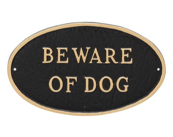 Cast Metal Beware of Dog Oval WALL or LAWN Statement Plaque Sign, Metal Dog Sign, Caution Sign, Powder Coated Aluminum, Made in the USA