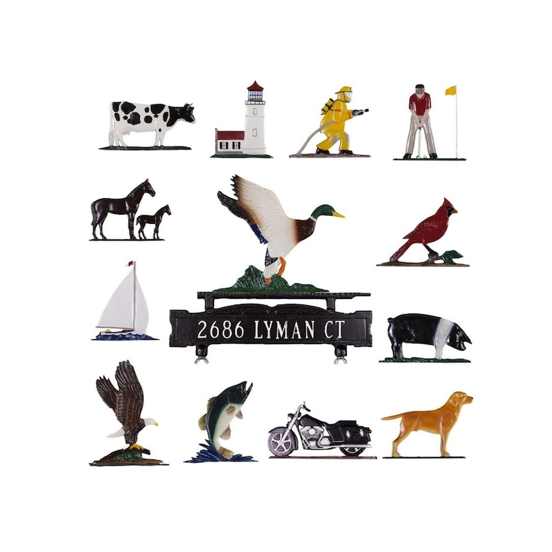 May include: A set of metal house number plaques with various animal and object designs. The plaques feature a lighthouse, a cow, a duck, a cardinal, a sailboat, an eagle, a fish, a motorcycle, a dog, a pig, a horse, a golfer, and a firefighter. The plaques are designed to be mounted on a wall or fence and are a great way to add a touch of personality to your home.