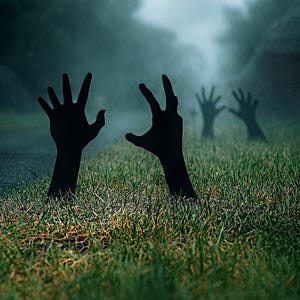 May include: Four black silhouettes of human hands emerging from the ground. The hands are positioned upright in a grassy area with a dark, foggy atmosphere in the background. The fingers are spread apart in a reaching gesture, creating a stark contrast.