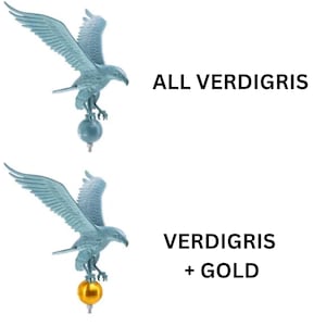 May include: Two eagle finials with wings spread. The top eagle is entirely verdigris with a matching sphere and the text ALL VERDIGRIS. The bottom eagle is verdigris with a gold sphere and the text VERDIGRIS + GOLD. Both have metal mounting rods.
