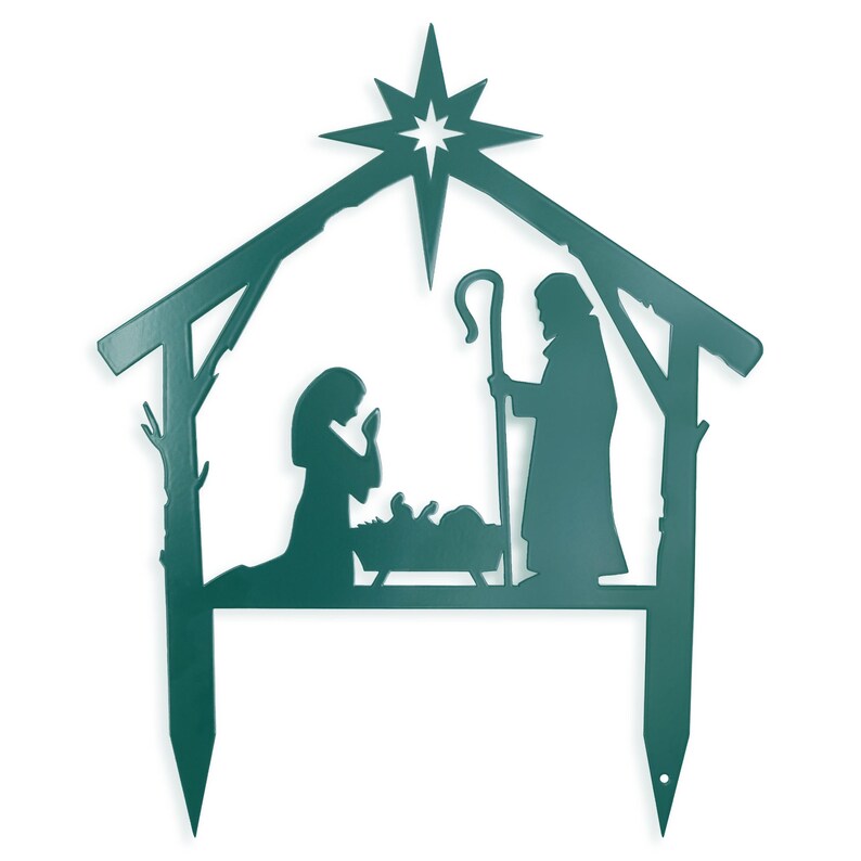 Puede incluir: Una estaca de jard&iacute;n de la natividad navide&ntilde;a de metal verde con una estrella, un pesebre, Mar&iacute;a, Jos&eacute; y un pastor.