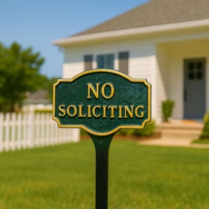 No Soliciting Montague WALL or LAWN Statement Plaque Sign, Business or Home Privacy Sign, Durable Powder Coated Aluminum, Made in the USA