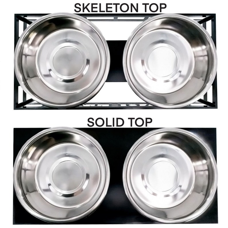 May include: Two stainless steel dog bowls on a black stand. The stand has a solid top and a skeleton top.  The bowls are elevated.