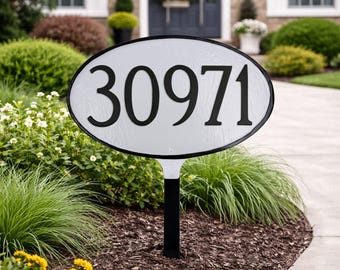 Oval Cast Aluminum Yard Address Plaque with Lawn Stake, Custom House Number Sign