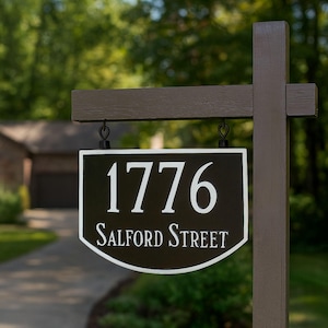 Prestige Arch Double-Sided Hanging Address Plaque, TWO Line Hanging Address Sign, Custom Metal Sign, House Number Plaque, Outdoor Decor