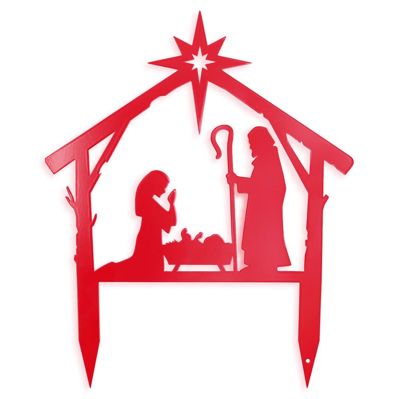 Puede incluir: Silueta roja de metal de la escena de la natividad con una estrella en la parte superior. Las figuras incluyen a Mar&iacute;a, Jos&eacute; y el ni&ntilde;o Jes&uacute;s en un pesebre.
