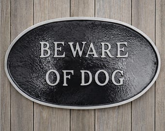 Cast Metal Beware of Dog Oval WALL or LAWN Statement Plaque Sign, Metal Dog Sign, Caution Sign, Powder Coated Aluminum, Made in the USA