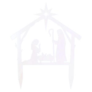Puede incluir: Silueta blanca de metal de una escena de la natividad con una estrella en la parte superior. La escena incluye a Mar&iacute;a, Jos&eacute; y el ni&ntilde;o Jes&uacute;s en un pesebre.