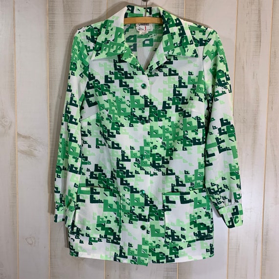 70’s Green Mod Geo Smock Shirt Tunic Pockets S/M - image 1