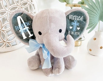 Baby Boy Baptism Stuffed Elephant Keepsake Gift - Gift From Godparents - Personalized Christening Gift - Blessing Monogram Dedication Gift