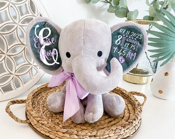 Birth Announcement Gift for Baby, Elephant Stuffed Animal Personalized Name Newborn Gift, Baby Keepsake with Birth Stats, Baby Shower Gift