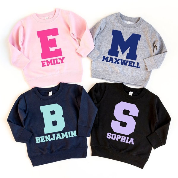 Sweat-shirt avec prénom personnalisé pour enfants - Sweat-shirt premier jour d'école - Sweat-shirt lettre universitaire - Sweat-shirt pour tout-petit - Initiale personnalisée