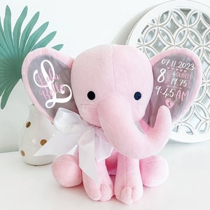 Elephant Stuffed Animal With Personalized Name and Birth Stats,  New Baby Welcome Gift, Newborn Gift For Baby Girl, Birth Announcement