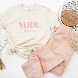 Mrs. Pj Set Shorts or Joggers matching Set Lounge Outfit New Date and Name Soft Sweatpants Unique Bridal Shower Gift Wedding Morning image 1