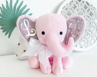 Elephant Stuffed Animal With Personalized Name and Birth Stats,  New Baby Welcome Gift, Newborn Gift For Baby Girl, Birth Announcement