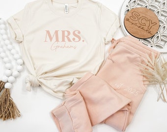 Mrs. Pj Set Shorts or Joggers matching Set Lounge Outfit New Date and Name Soft Sweatpants Unique Bridal Shower Gift Wedding Morning