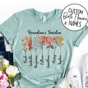 Chemise grand-mère avec noms et fleurs de naissance personnalisés - Cadeau fête des mères - Cadeau grand-mère unique - Cadeau d'anniversaire personnalisé - Petits-enfants