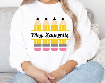 Custom Teacher Sweatshirt With Yellow Pencils - Last Name Teacher Shirt - Personalized Teacher Sweatshirt - Cozy Teacher Sweatshirt