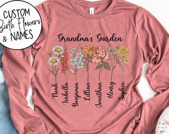 Grandma's Garden Long Sleeve T-Shirt - Unique Mother's Day Gift - Grandma Birthday Gift - Personalized Name and Birth Flowers - Abuela Gift