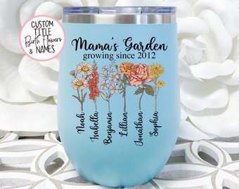 Mom's Garden Growing Since With Est. Date and Personalized Kids Names - Stemless Wine Tumbler - Mothers Day Gift- Unique Mom Birthday Gift
