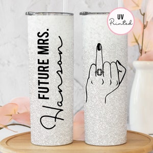 Future Mrs. Tumbler with Ring Finger White Silver Ombre Skinny Tumbler Personalized Future Mrs. Name Tumbler Custom Ring Shape Design image 1