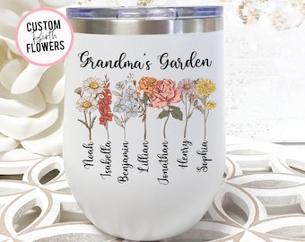 Grandma's Garden With Personalized Grandkids Names - Stemless Wine Tumbler - Mothers Day Gift-  - Funny Wine Tumbler - Grandma Birthday
