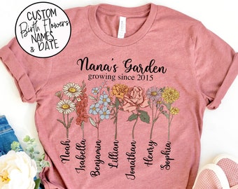 Chemise Nana's Garden Growing Since avec fleurs de naissance personnalisées - Cadeau fête des mères - Cadeau unique grand-mère - Noms personnalisés fleurs Date